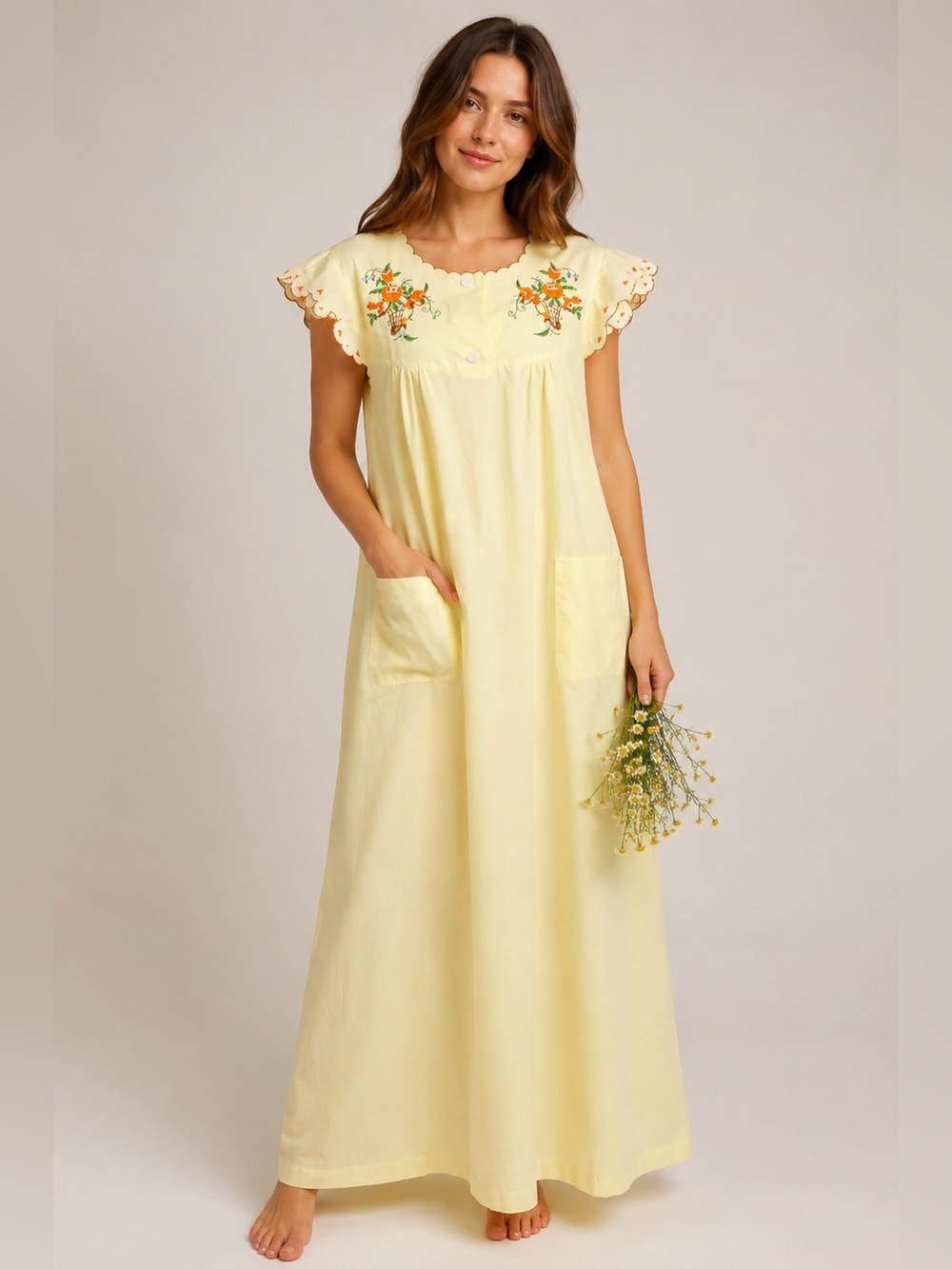 VTG Plum Blossoms Pastel Yellow Embroidered Floral House Dress Maxi Pockets M